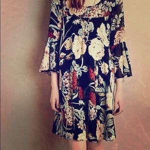 Anthropologie Floral Long Sleeve Dress - Black and Cream